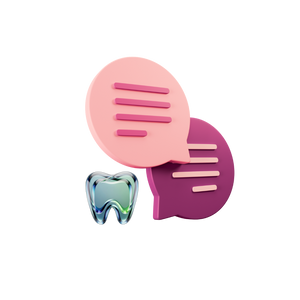 A set of three dental-themed silicone accessories on a plain white background: a pink speech bubble with horizontal lines, a purple speech bubble with horizontal lines, and a glossy blue-green tooth icon.