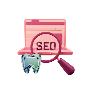 A 3D vector illustration of a pink laptop with a magnifying glass over the screen showing 'SEO' and a blue-green tooth icon in front, on a solid white background.