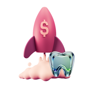 A 3D illustration of a pink rocket ship with a dollar sign on its body, emerging from a cloud-like base next to a translucent blue and green tooth, on a solid white background.