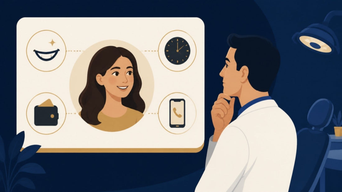 Illustration of a dentist studying a patient persona card with icons for smile, time and cost