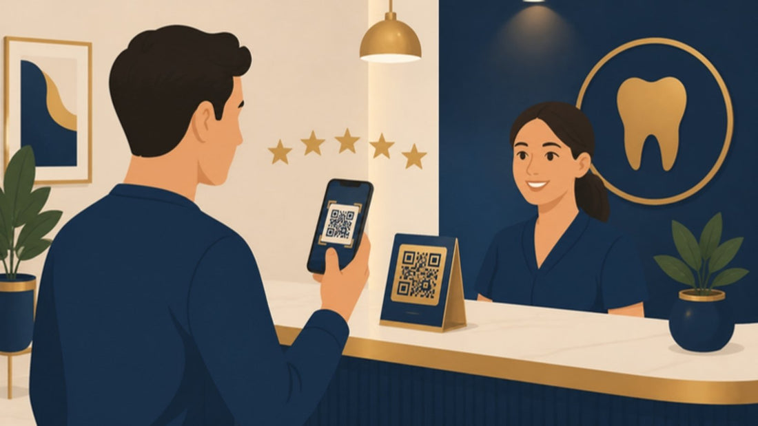 Illustration of a patient scanning a Google review QR code at a dental clinic reception