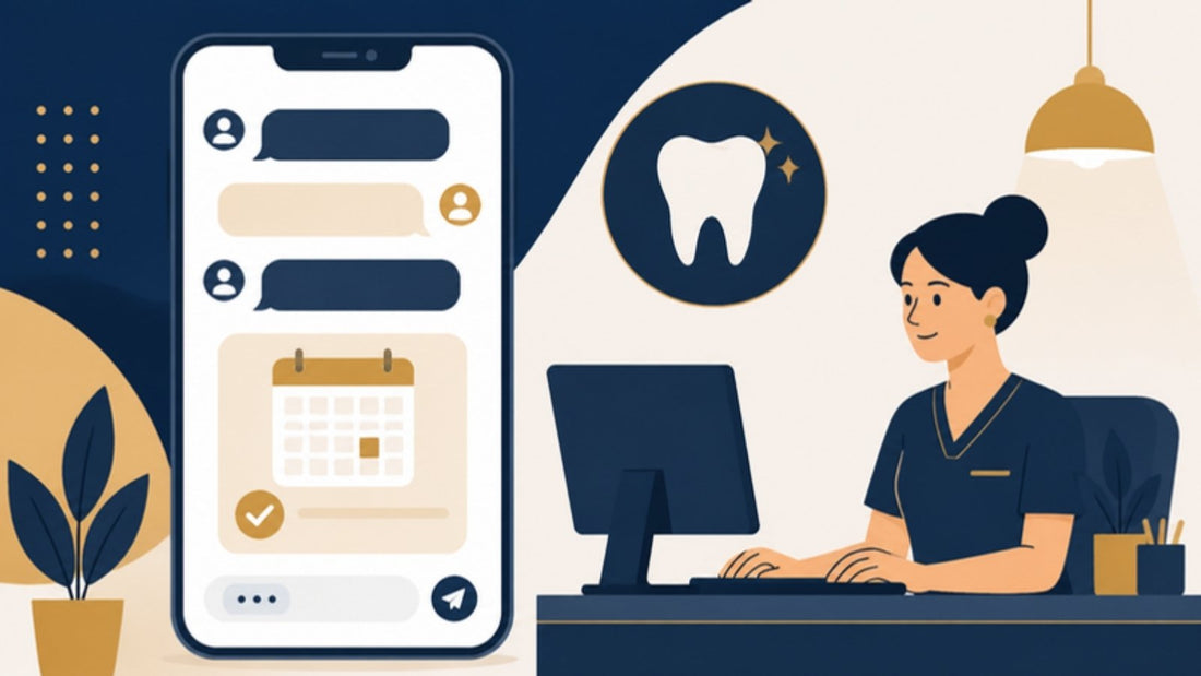 Illustration of a dental receptionist replying to patients on WhatsApp with an appointment card