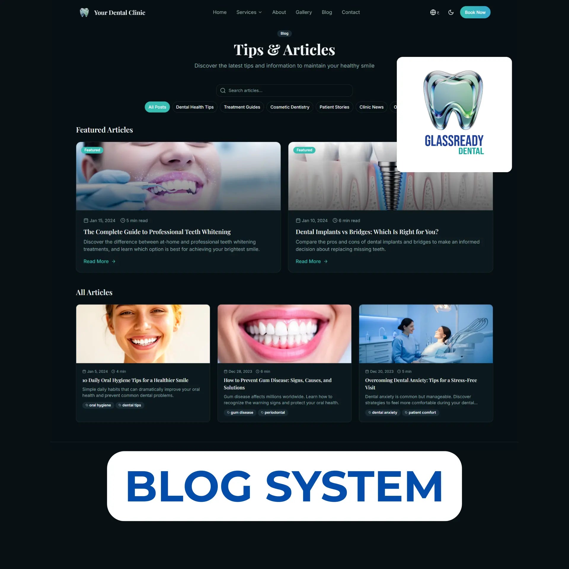 GlassReady- Dental Clinic Website Template: Glassmorphism UI, React-Based The Smile Inc.