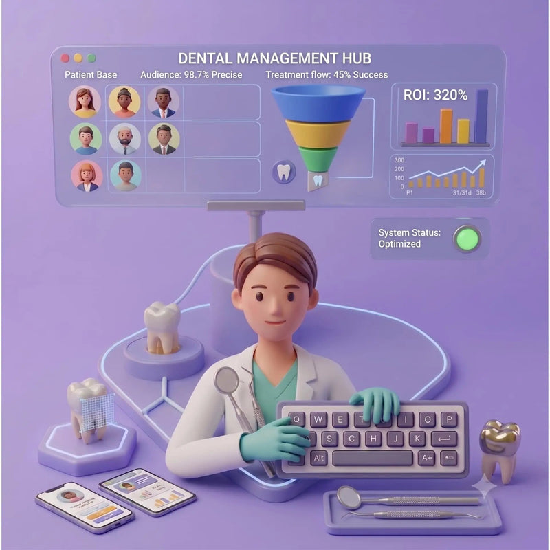 3D illustration of a dental clinic management dashboard with a cartoon doctor at a keyboard, dental tools, patient portraits, and performance metrics on a purple background.