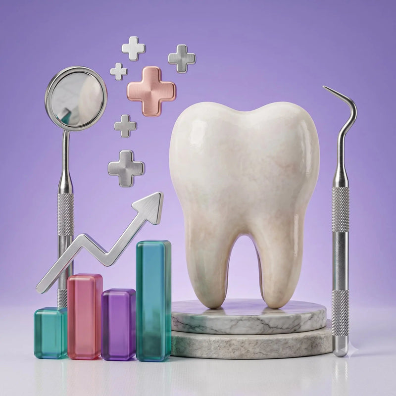 A 3D-rendered dental-themed composition on a lavender background: a large glossy tooth model on a marble pedestal, a dental mirror, a curved dental tool, colorful bar blocks, floating medical-style plus signs, and a rising arrow graphic.