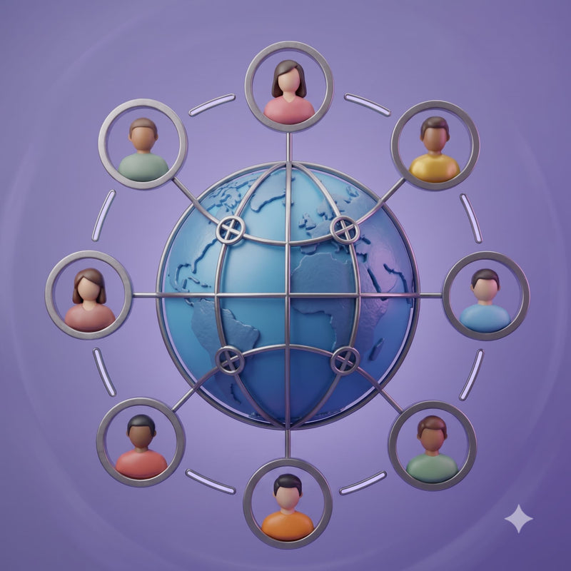 A stylized digital illustration of a blue globe at the center, surrounded by eight circular frames containing simplified human figures, all on a purple background.