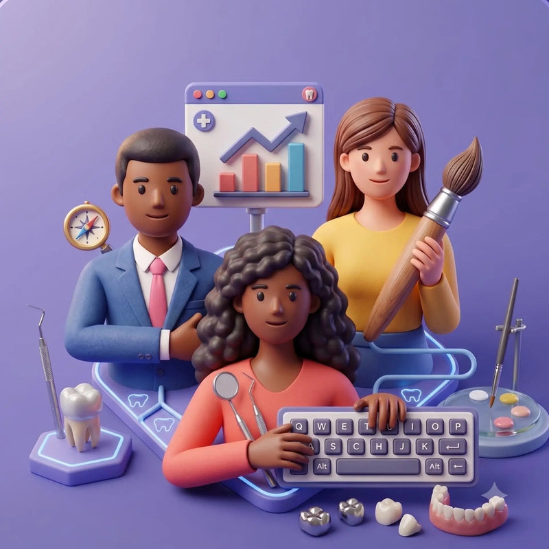 3D cartoon-style illustration of three dental professionals or students collaborating around a keyboard and dental tools, including a tooth, dental mirrors, and a paintbrush, on a purple background.