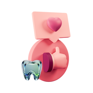 A 3D-rendered abstract dental icon featuring a pink speech bubble with a heart, a pink thumbs-up hand, and a blue-green tooth on a white background.