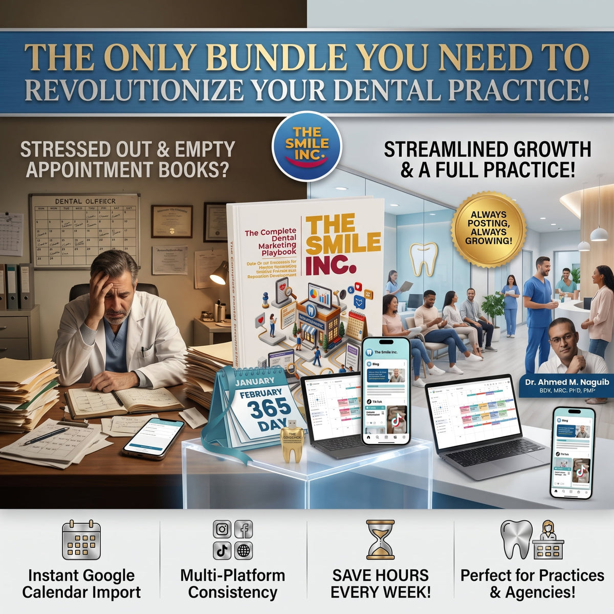 Promotional banner for 'The Smile Inc.' dental practice management bundle, showing a book, digital calendar, and smartphone mockups alongside office scenes with dentists and patients.