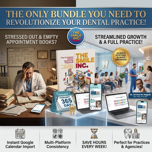 Promotional banner for 'The Smile Inc.' dental practice management bundle, showing a book, digital calendar, and smartphone mockups alongside office scenes with dentists and patients.