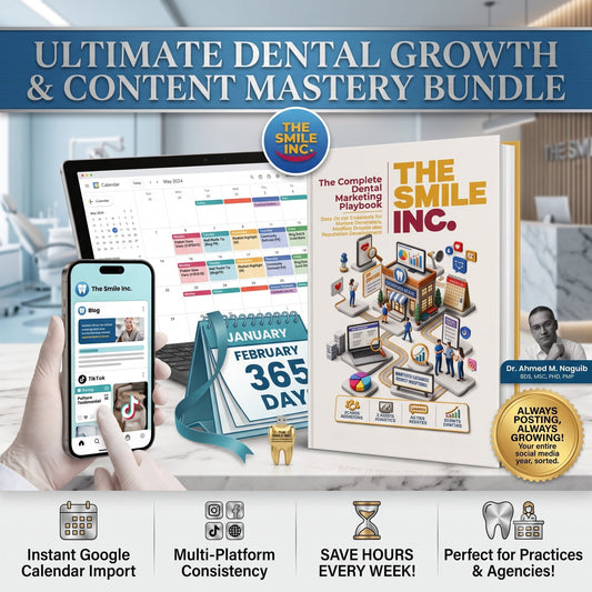Promotional graphic for a dental marketing bundle titled 'Ultimate Dental Growth & Content Mastery Bundle,' showing a laptop, smartphone, 365-day calendar, and a book called 'The Smile Inc.' with feature callouts along the bottom.