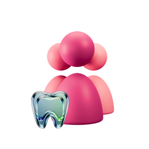 A stylized 3D graphic showing a pink abstract human figure with a translucent blue-green tooth in front, on a plain white background.