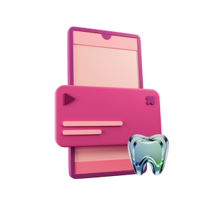 A stylized 3D illustration of a pink smartphone and a translucent blue-green tooth icon on a plain white background.