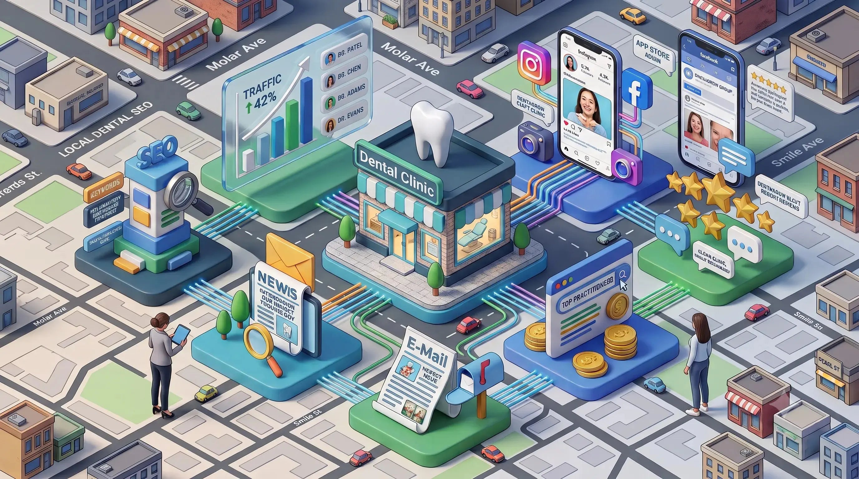 Isometric digital illustration of a dental clinic and local business ecosystem, showing a clinic building with a tooth icon, smartphone screens, social media posts, news panels, an email box, coins, and small human figures on a stylized city street layout.