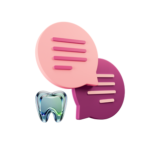 A set of three dental-themed silicone accessories on a plain white background: a pink speech bubble with horizontal lines, a purple speech bubble with horizontal lines, and a glossy blue-green tooth icon.
